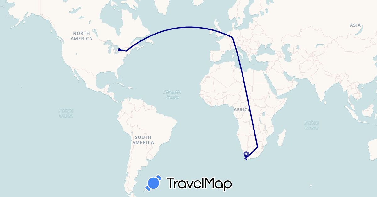 TravelMap itinerary: driving in Canada, Germany, United States, South Africa (Africa, Europe, North America)