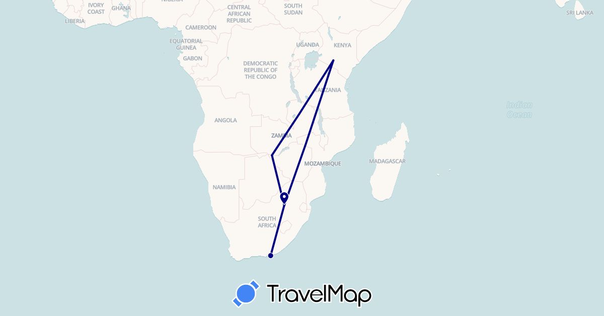 TravelMap itinerary: driving in Kenya, South Africa, Zambia (Africa)